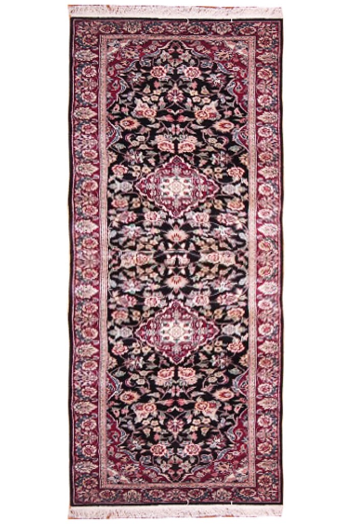 Handcrafted 2'4 x 8' Black Sino Wool Silk Runner Area Rug: Handcrafted 2'4 x 8' Black Sino Wool Silk Runner Area Rug Free continental US Shipping Introducing our exquisite 2' x 8' Black Sino Wool & Silk Runner, a luxurious addition to your home decor. Handcra