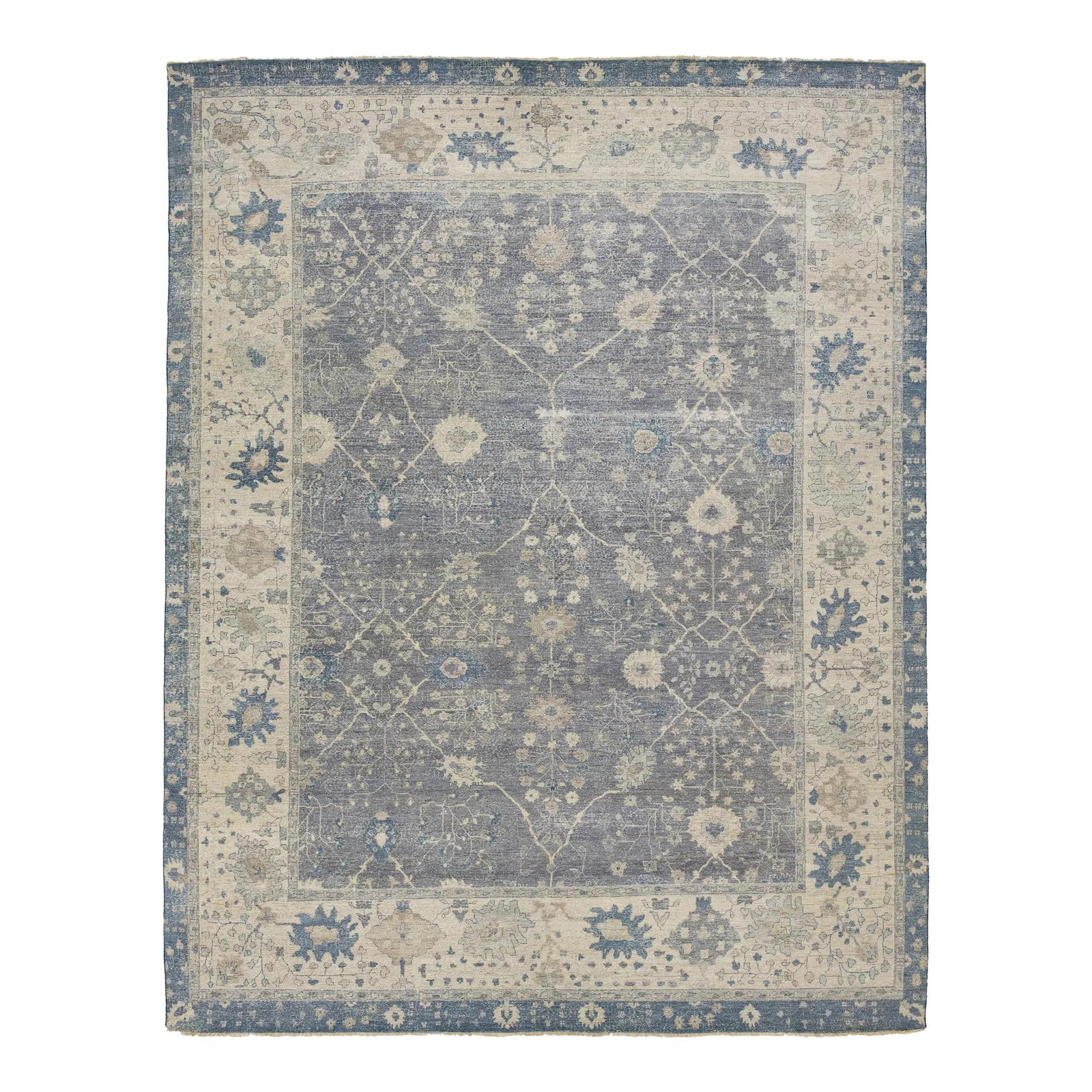 Handmade Blue Mahal Style Indian Wool Rug: Handmade Blue Mahal Style Indian Wool Rug Transform your living space with this stunning Blue Modern Mahal Style Handmade Indian Wool Rug. This exquisite piece from the Artisan Line captures the charm