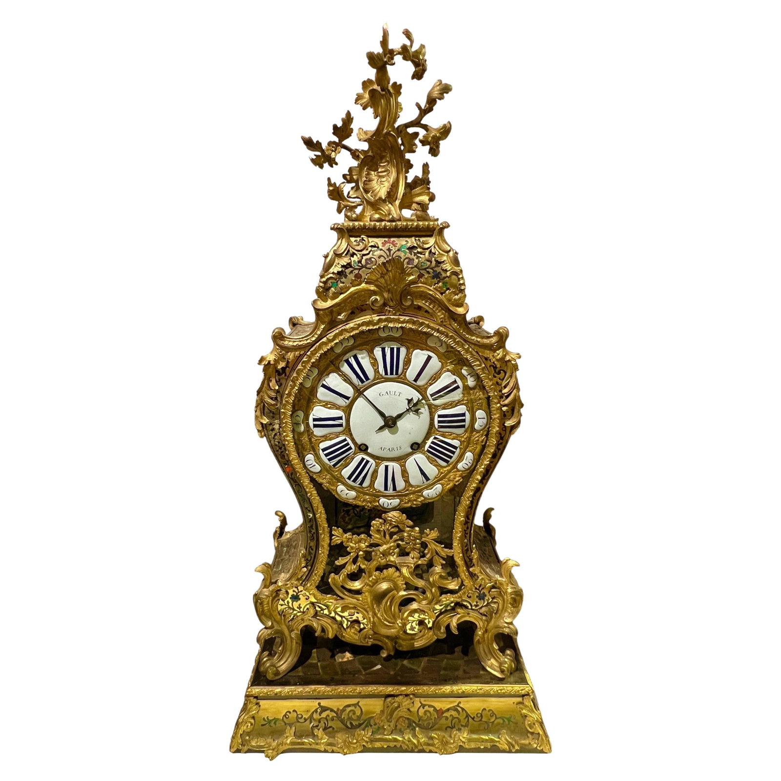 French Louis XV Bronze Mantel Clock with Boulle Inlay Circa 18th Century: French Louis XV Bronze Mantel Clock with Boulle Inlay Circa 18th Century This impressive 18th-century French Louis XV mantel clock features an ornate ormolu bronze case with Boulle-style inlaid brass 