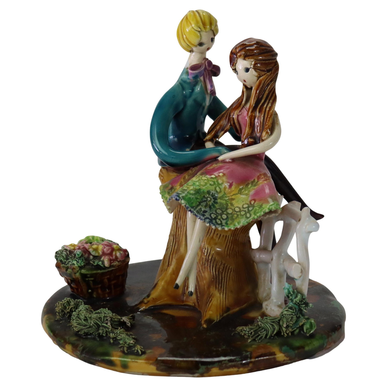 Meuguelman Signed 20thC French Porcelain Figural Grouping: Meuguelman Signed 20thC French Porcelain Figural Grouping This exquisite 20th-century French porcelain figural grouping by Meuguelman features a charming depiction of a couple seated on a tree stump, 
