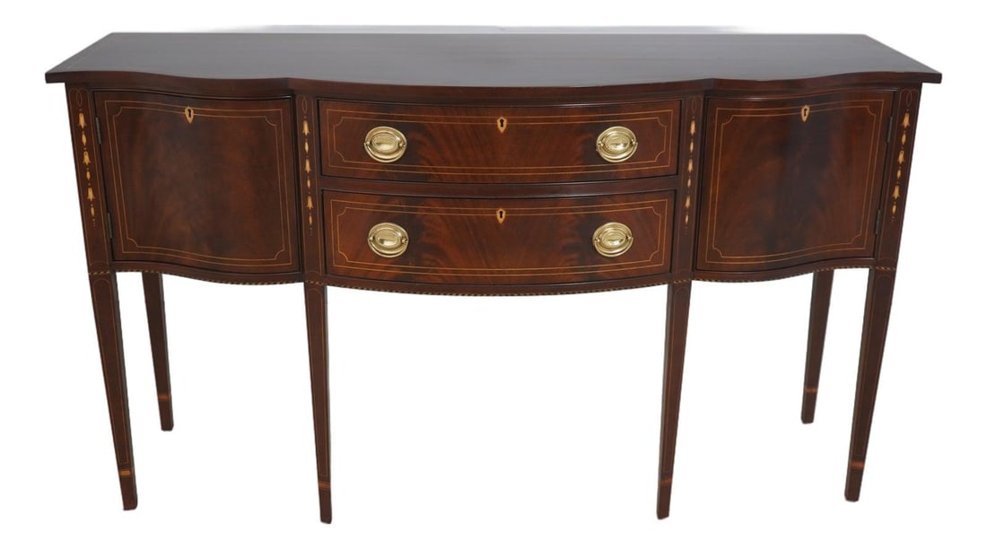 Mahogany Sideboard With Brass Hardware Federal Influence by Stickley: Mahogany Sideboard With Brass Hardware Federal Influence by Stickley This Federal style sideboard buffet by Stickley, crafted circa 1993, features high-quality Hamilton mahogany construction with dove