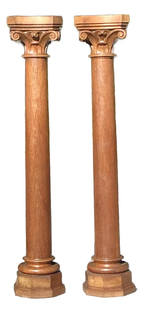 Vintage Corinthian Wood Pedestals Pair 48.75 Tall Classic Columns: Vintage Corinthian Wood Pedestals Pair 48.75 Tall Classic Columns Enhance your space with this exquisite pair of vintage Corinthian wood pedestals. Featuring finely carved capitals with intricate deta
