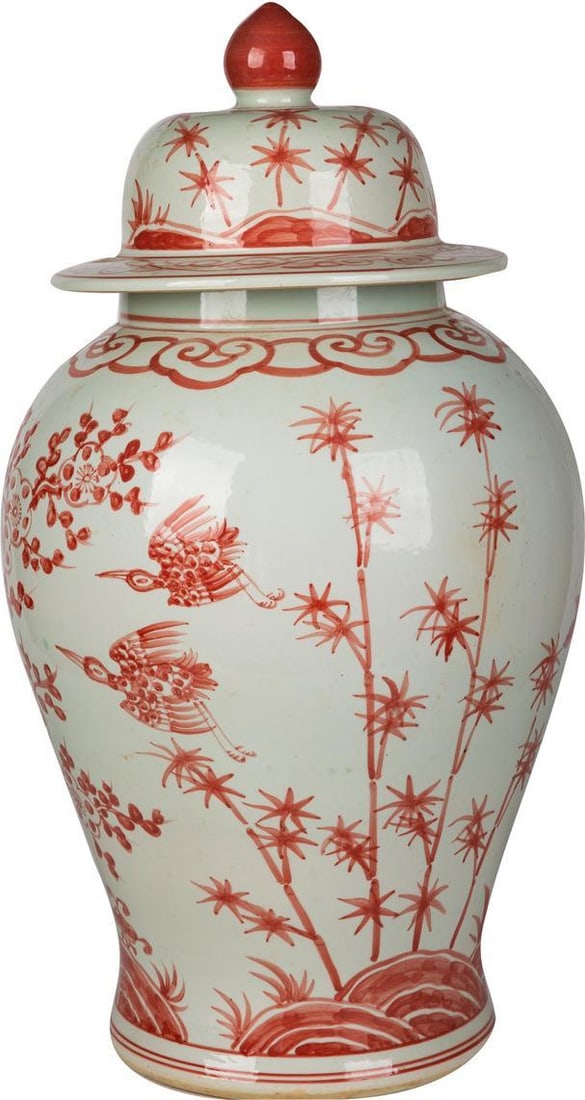 Handcrafted Coral Red Ceramic Temple Jar Peony Plum Design (1 of 5)