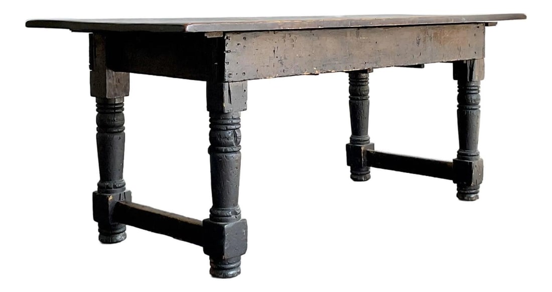 Rustic 19th Century Turned Wood Console or Library Table with Rich Patina: Rustic 19th Century Turned Wood Console or Library Table with Rich Patina This vintage 19th-century turned wood library table features a substantial plank top and sturdy, beautifully turned legs joine