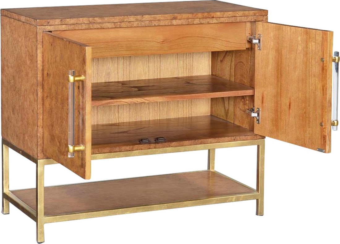 Steuben Contemporary Nightstand with Burled Finish and Lucite Hardware: Steuben Contemporary Nightstand with Burled Finish and Lucite Hardware This contemporary Steuben chest features a stunning burl finish, combining modern aesthetics with a vintage flair. Crafted from s