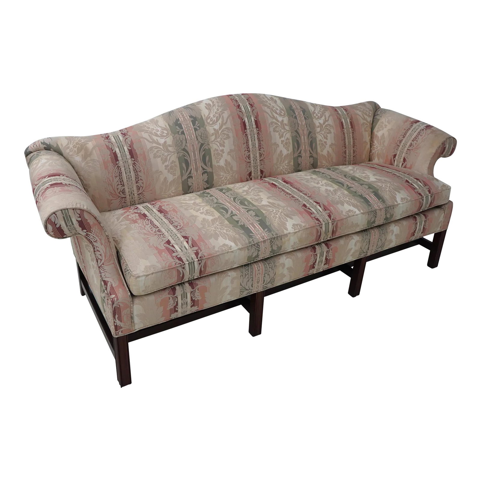 Century Damask Camelback Sofa Mahogany Chippendale Design: Century Damask Camelback Sofa Mahogany Chippendale Design This elegant Century Damask Upholstered Camelback Sofa combines timeless design with quality craftsmanship. Constructed from mahogany, this pi