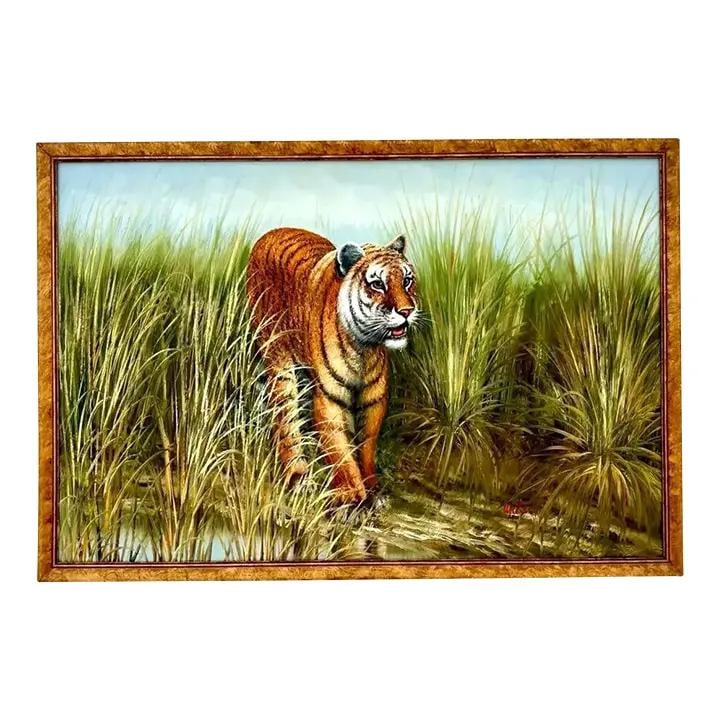 Vintage Boho Chic Tiger on Canvas Painting 38 x 26: Vintage Boho Chic Tiger on Canvas Painting 38 x 26 This stunning painting depicts a tiger stealthily navigating through tall grasses, showcasing its formidable strength and keen alertness. The artist 