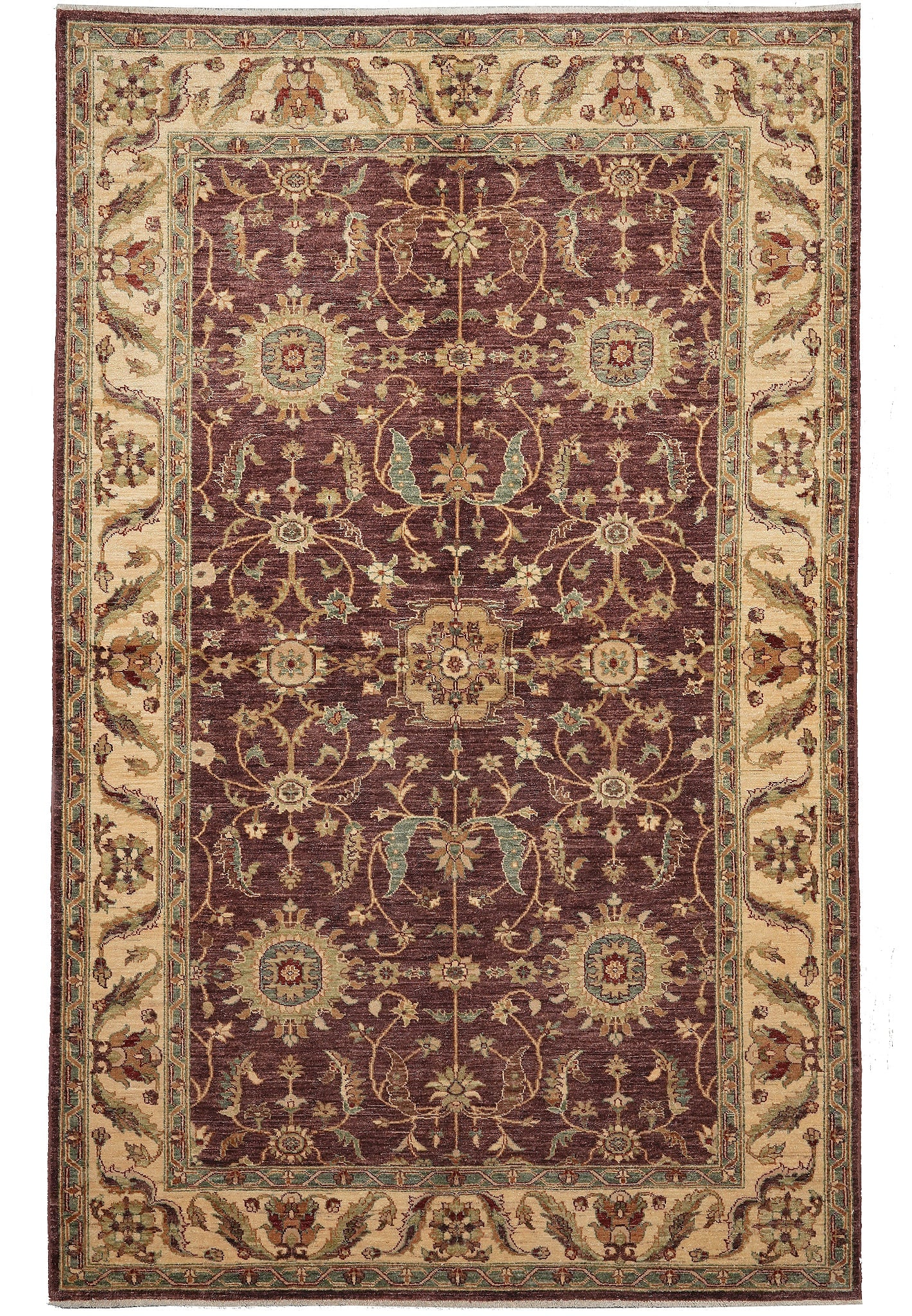 6 x 9 Hand-Knotted Chobi Peshawar Wool Rug Burgundy Green Floral: 6 x 9 Hand-Knotted Chobi Peshawar Wool Rug Burgundy Green Floral Free continental US Shipping This 6 x 9 foot hand-knotted Chobi Peshawar rug showcases traditional craftsmanship with its elegant flora
