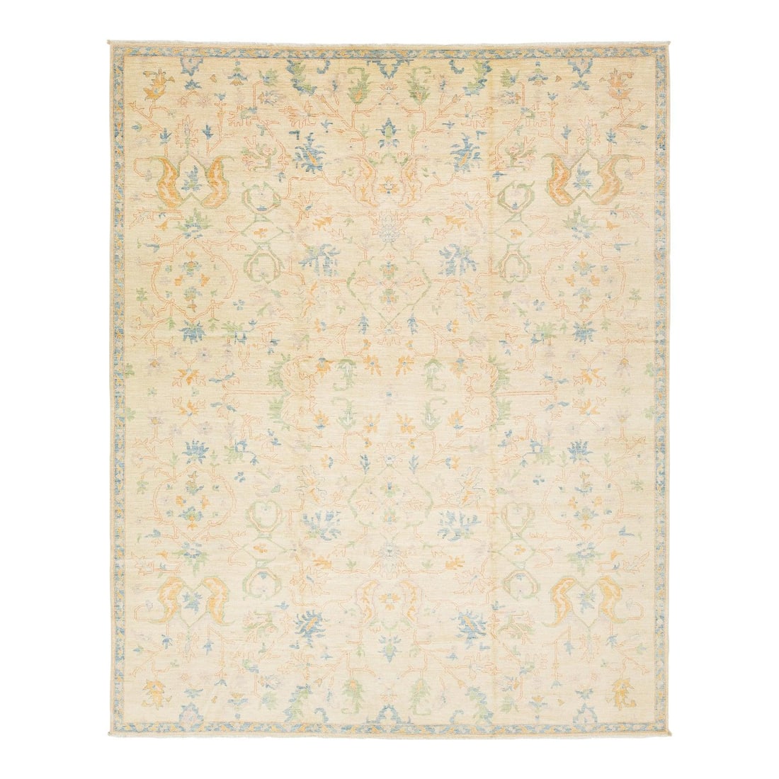 Beige Contemporary Oushak Style Wool Rug with Floral Design 12'1" x 14'10": Beige Contemporary Oushak Style Wool Rug with Floral Design 12'1" x 14'10" This contemporary Oushak-style wool rug seamlessly combines modern aesthetics with the enduring appeal of traditional Oushak 