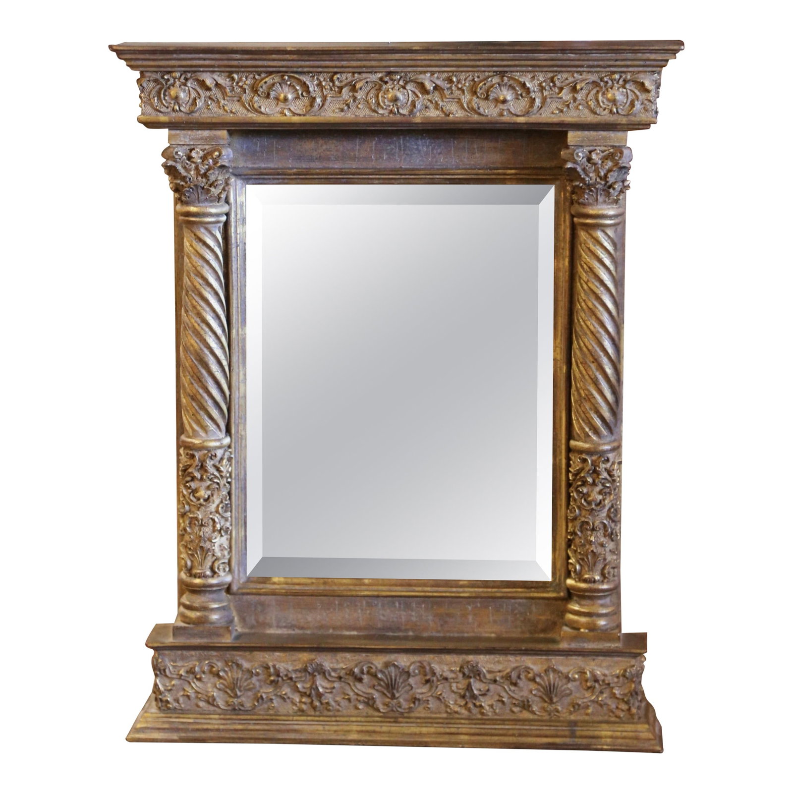 Vintage Italian Baroque Giltwood Wall Mirror circa 1980: Vintage Italian Baroque Giltwood Wall Mirror circa 1980 Enhance your space with this exquisite Vintage Italian Baroque Carved Giltwood Wall Mirror. Crafted in Italy circa 1980, this elegant rectangula