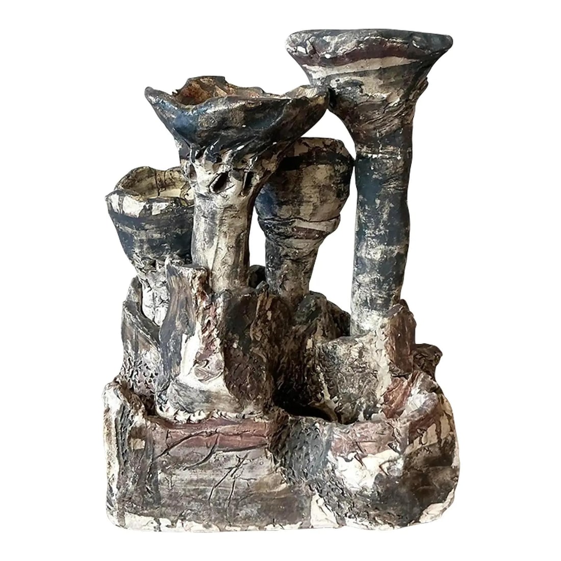 Vintage Brutalist Pottery Vase Sculptural Candleholder Planter: Vintage Brutalist Pottery Vase Sculptural Candleholder Planter This vintage studio pottery vase is a striking example of the Brutalist aesthetic, featuring an intensely sculptural design that emphasiz