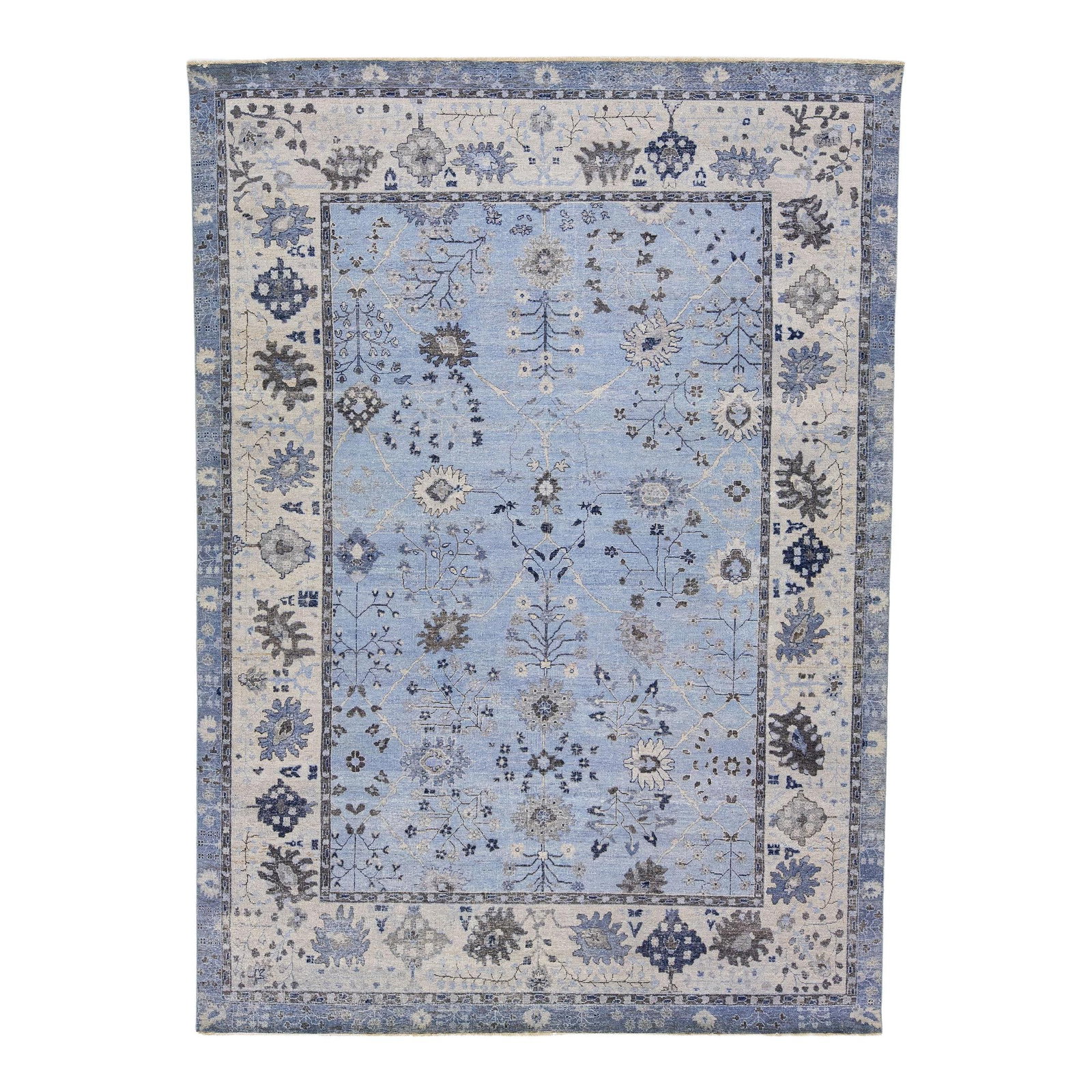 Artisan Handmade Floral Wool Rug 8'11 x 12'4 Light Blue (1 of 7)