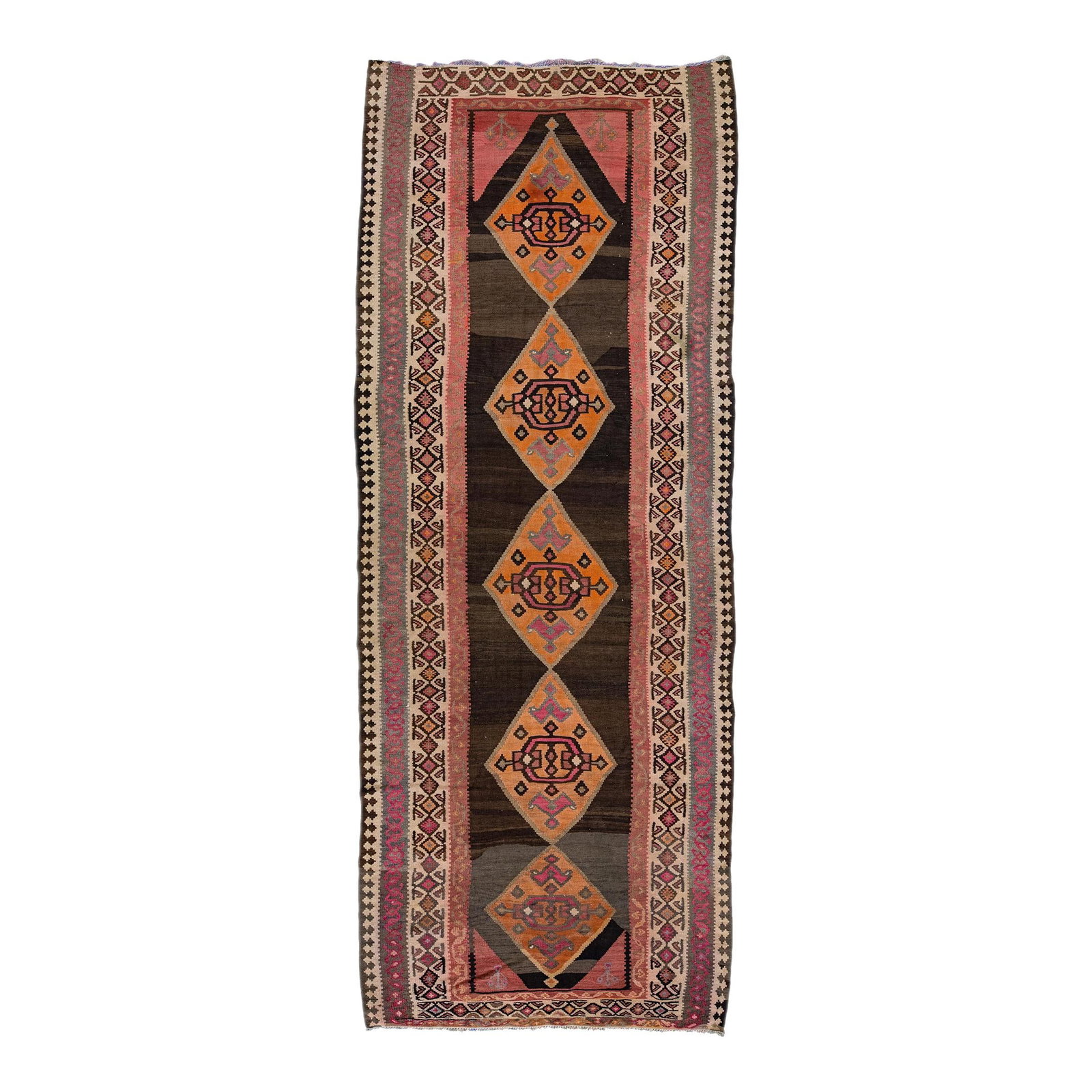 Brown Vintage Kilim Wool Runner 5' x 12'8' Tribal Design: Brown Vintage Kilim Wool Runner 5' x 12'8' Tribal Design This stunning vintage kilim runner showcases a rich brown field adorned with vibrant orange, gray, and beige accents, embodying a captivating a