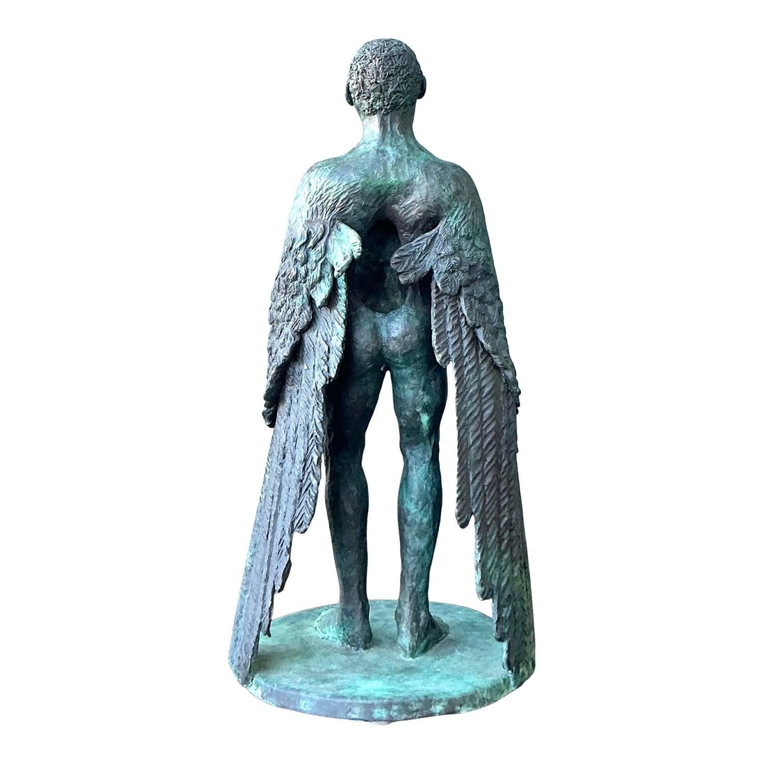 Mid Century Bronze Winged Figure Sculpture With Verdigris Patina: Mid Century Bronze Winged Figure Sculpture With Verdigris Patina This vintage sculpture features a winged human figure, expertly cast in bronze with a multi-tonal verdigris patina. The piece showcases