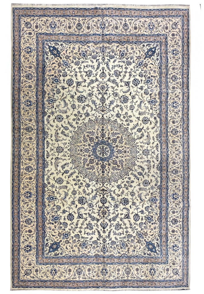 Authentic Persian Nain Rug 12.7 x 19.2 Wool Silk Blend: Authentic Persian Nain Rug 12.7 x 19.2 Wool Silk Blend Free continental US Shipping Enhance your space with this authentic Persian Nain rug, measuring 12.7 x 19.2 feet. Crafted from luxurious wool and