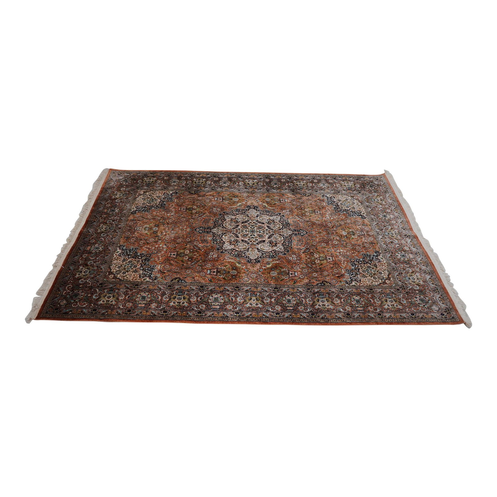 Exquisite 73 x 117 Wool Silk Rug with Fringe: Exquisite 73 x 117 Wool Silk Rug with Fringe This exquisite wool and silk rug, approximately 40 years old, showcases exceptional craftsmanship with its tightly woven, hand-knotted design. The full fri