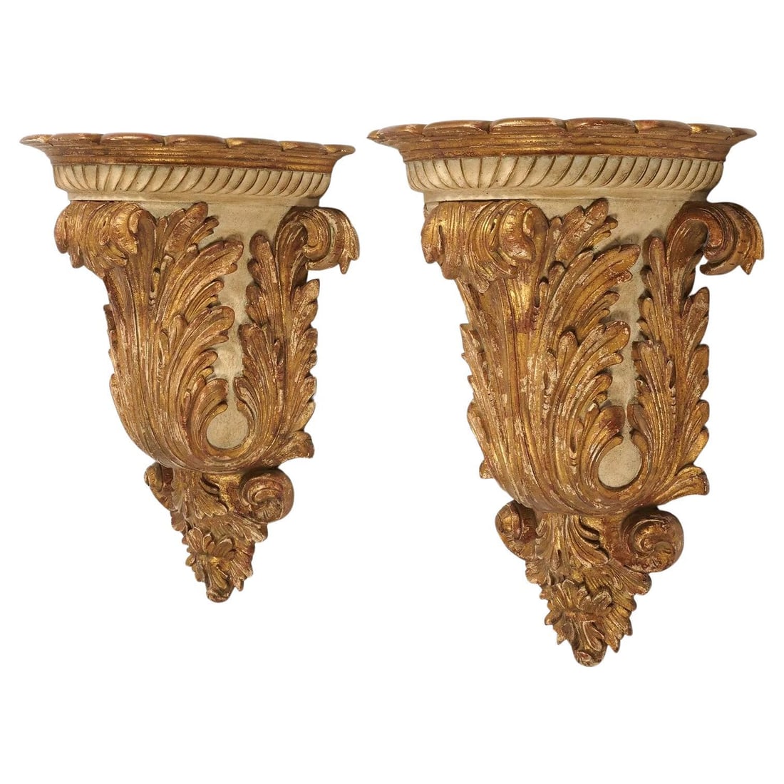 Set of Two Large Italian 19th Century Giltwood Baroque Wall Brackets: Set of Two Large Italian 19th Century Giltwood Baroque Wall Brackets This pair of large 19th-century wall brackets is hand-carved from wood and finished in gilt, exemplifying the Baroque Revival style