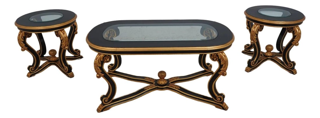 Elegant Regency Style 3 Piece Coffee and Lamp Table Set: Elegant Regency Style 3 Piece Coffee and Lamp Table Set Enhance your living space with this exquisite Regency Style 3 Piece Coffee & Lamp Table Set. Crafted approximately 30 years ago, this set featur
