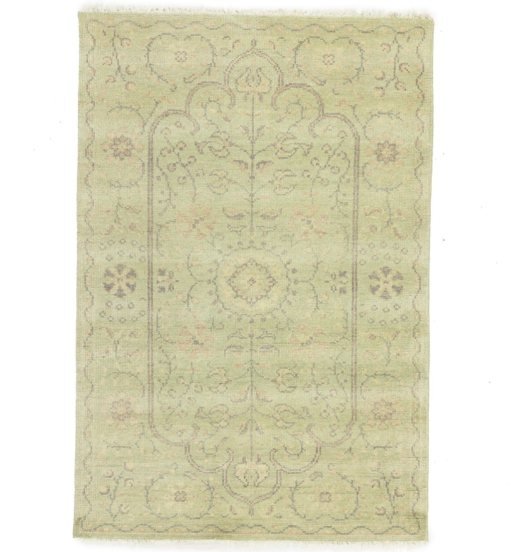 Hand Knotted Wool Floral 4x6 Area Rug Muted Colors: Hand Knotted Wool Floral 4x6 Area Rug Muted Colors This hand-knotted area rug features a muted floral pattern in light green, cream, beige, and brown tones, offering a transitional design that complem