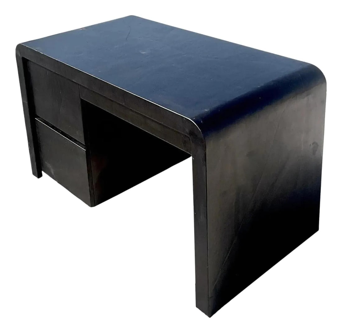 Signed Karl Springer Black Leather Waterfall Writing Desk 1986: Signed Karl Springer Black Leather Waterfall Writing Desk 1986 This vintage contemporary waterfall desk is designed by the renowned Karl Springer and is signed and dated 1986 on the bottom. The desk f