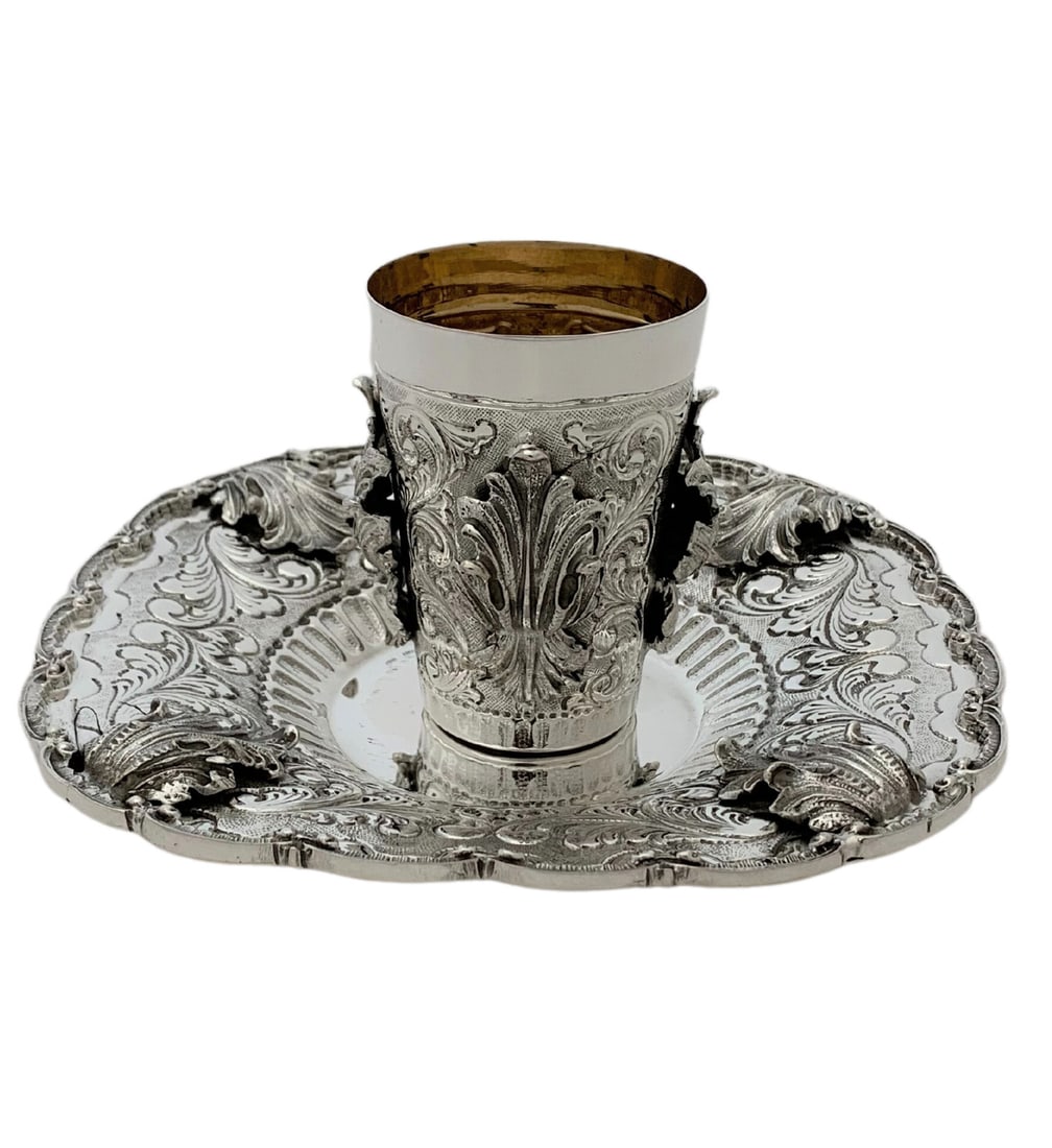 Handmade Italian Sterling Silver Cup and Tray Set with Swirl Leaf Design: Handmade Italian Sterling Silver Cup and Tray Set with Swirl Leaf Design This fine Italian cup and tray set is crafted from 925 sterling silver and features handmade chased swirl leaf applique designs