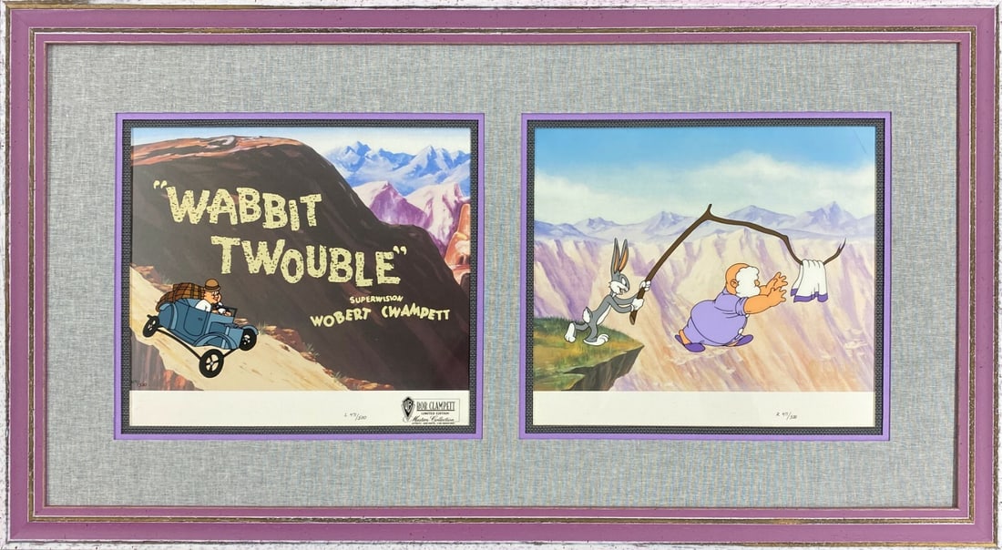 Limited Edition Wabbit Twouble Hand Painted Cel by Bob Clampett Framed: Limited Edition Wabbit Twouble Hand Painted Cel by Bob Clampett Framed This stunning hand-painted cel titled "Wabbit Twouble" features the iconic character Bugs Bunny, illustrated by the renowned Bob 