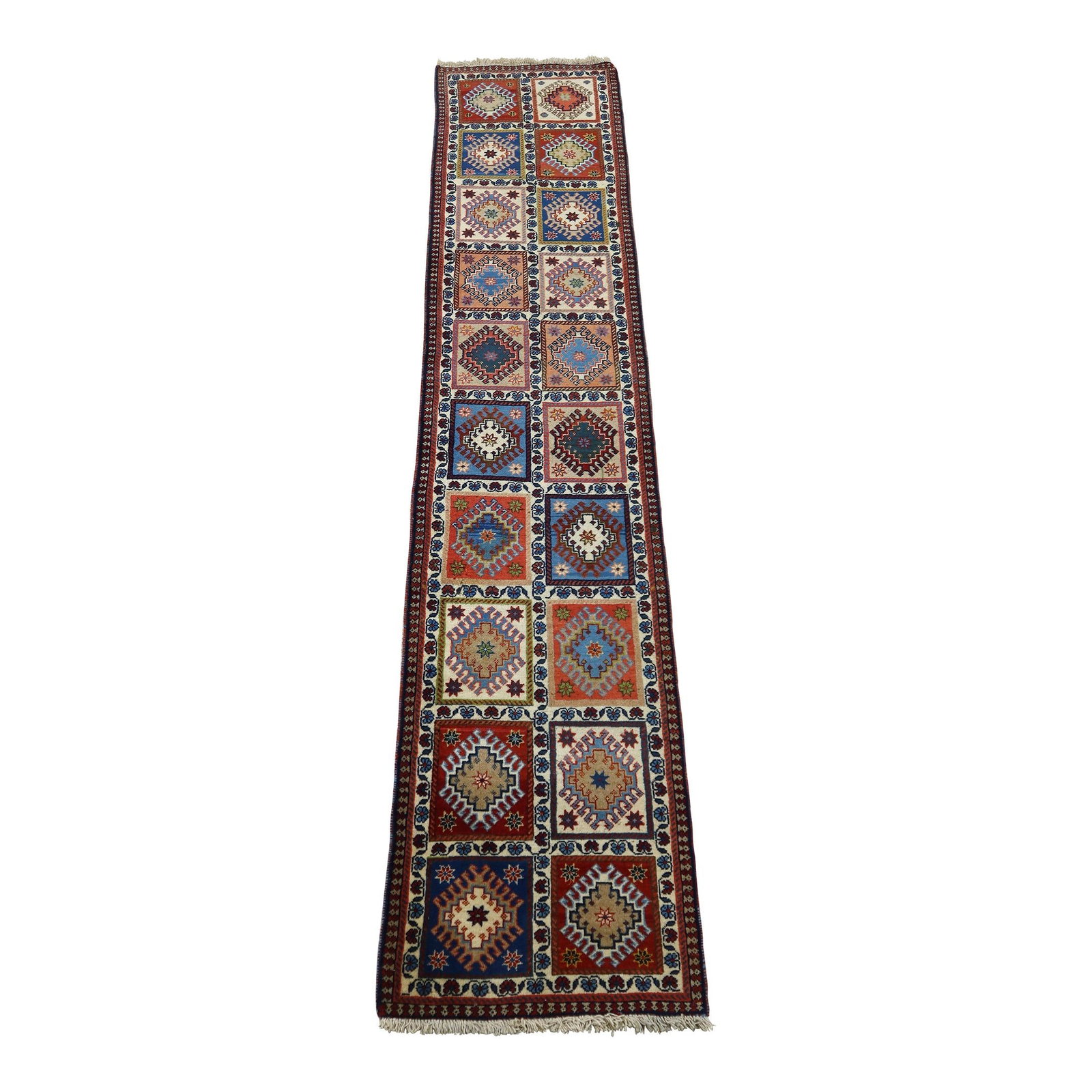 Vintage Yalameh Hand-Woven Wool Runner Rug 2x10 Red: Vintage Yalameh Hand-Woven Wool Runner Rug 2x10 Red This vintage Yalameh runner rug features a striking red color and is approximately 50 years old. Hand woven with a consistent pile, this rug showcas