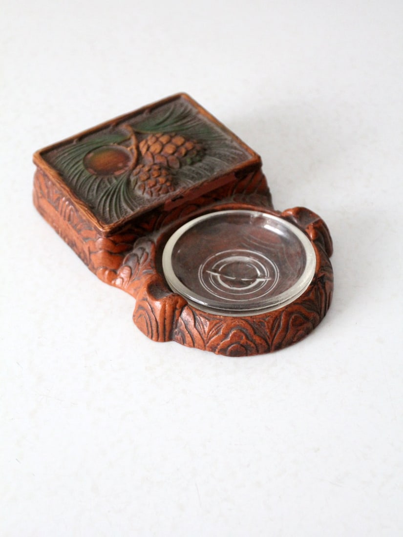 Vintage Syroco Faux Bois Cigarette Box with Ashtray and Glass Bowl: Vintage Syroco Faux Bois Cigarette Box with Ashtray and Glass Bowl This vintage Syroco-style cigarette box with an ashtray is a charming addition to any desk or dresser. The box, crafted in a casted f
