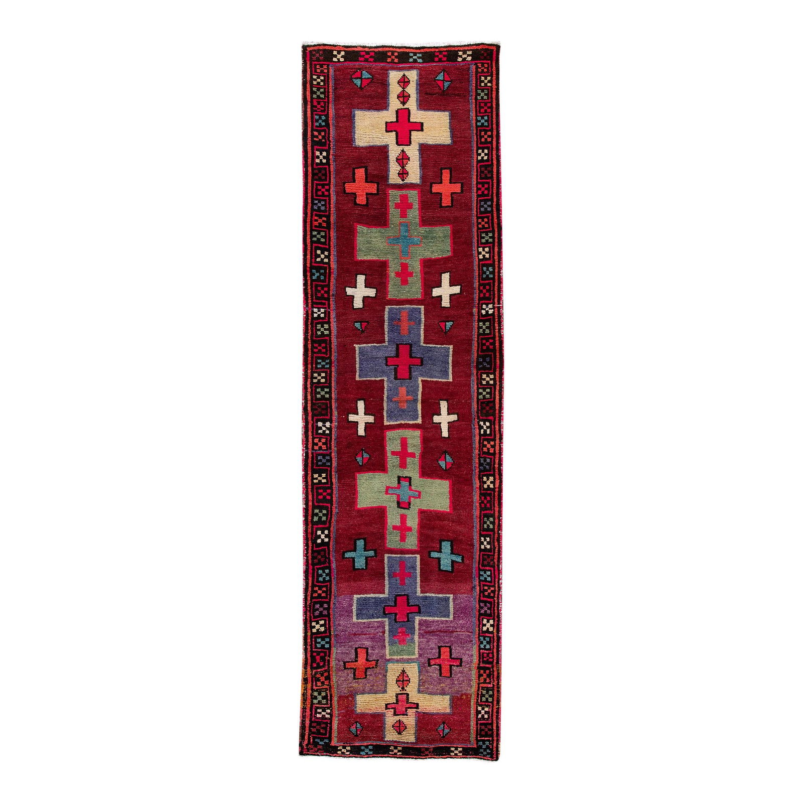 Vintage Azeri Maroon Handmade Wool Runner 3'8 x 13'1: Vintage Azeri Maroon Handmade Wool Runner 3'8 x 13'1 This stunning 1960s vintage Azeri runner showcases a hand-knotted construction with an artistic design set against a vibrant maroon field. The rug 