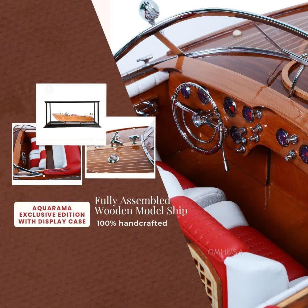 Mahogany Riva Aquarama Display Model: Mahogany Riva Aquarama Display Model This is a detailed model of the Riva Aquarama speedboat, crafted in mahogany and presented in a display case. The model is designed in the Mid-Century Modern style
