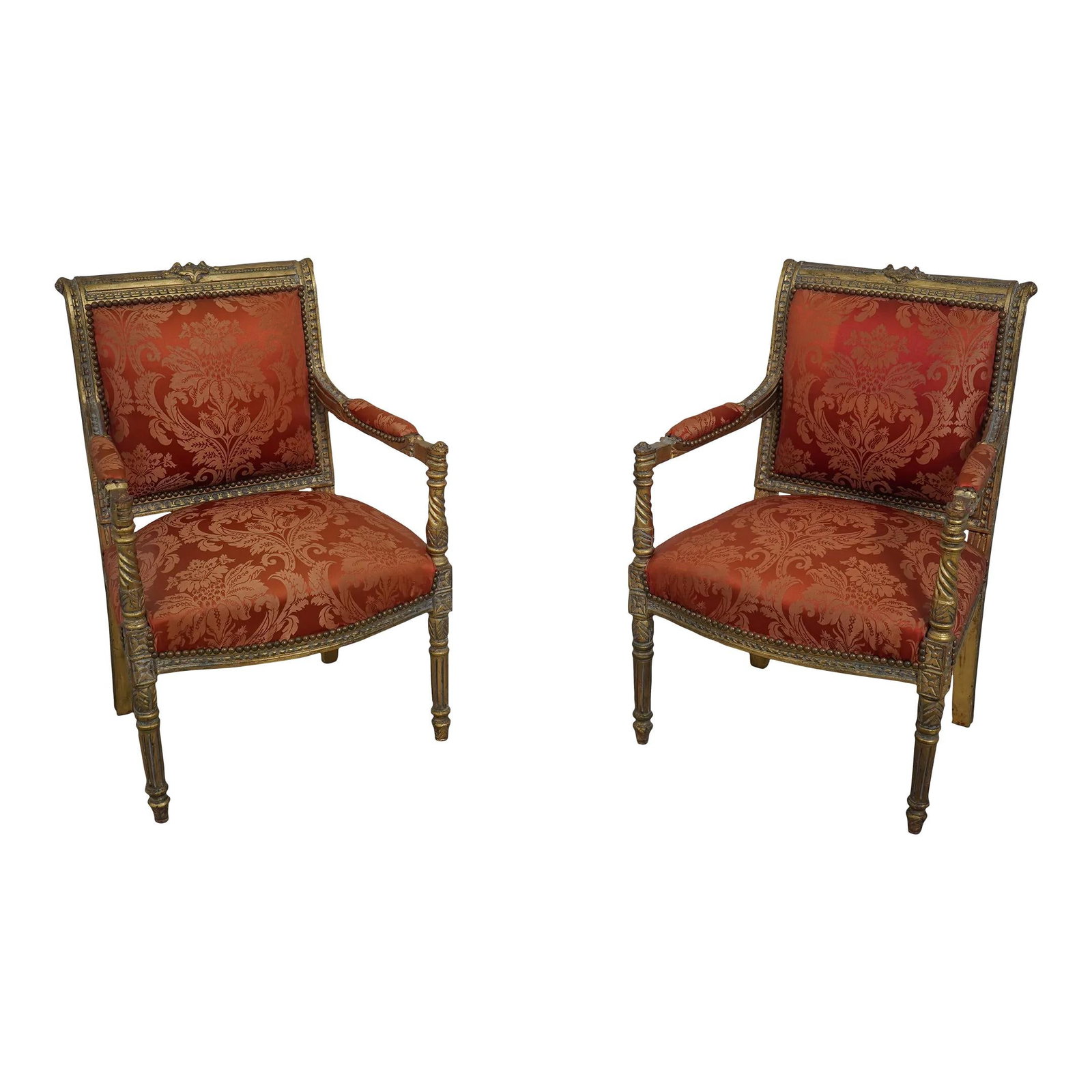Vintage French Louis XV Gold Gilt Damask Chairs Pair: Vintage French Louis XV Gold Gilt Damask Chairs Pair This exquisite pair of French Louis XV chairs features a luxurious gold gilt finish, beautifully complemented by damask upholstery. Boasting intric