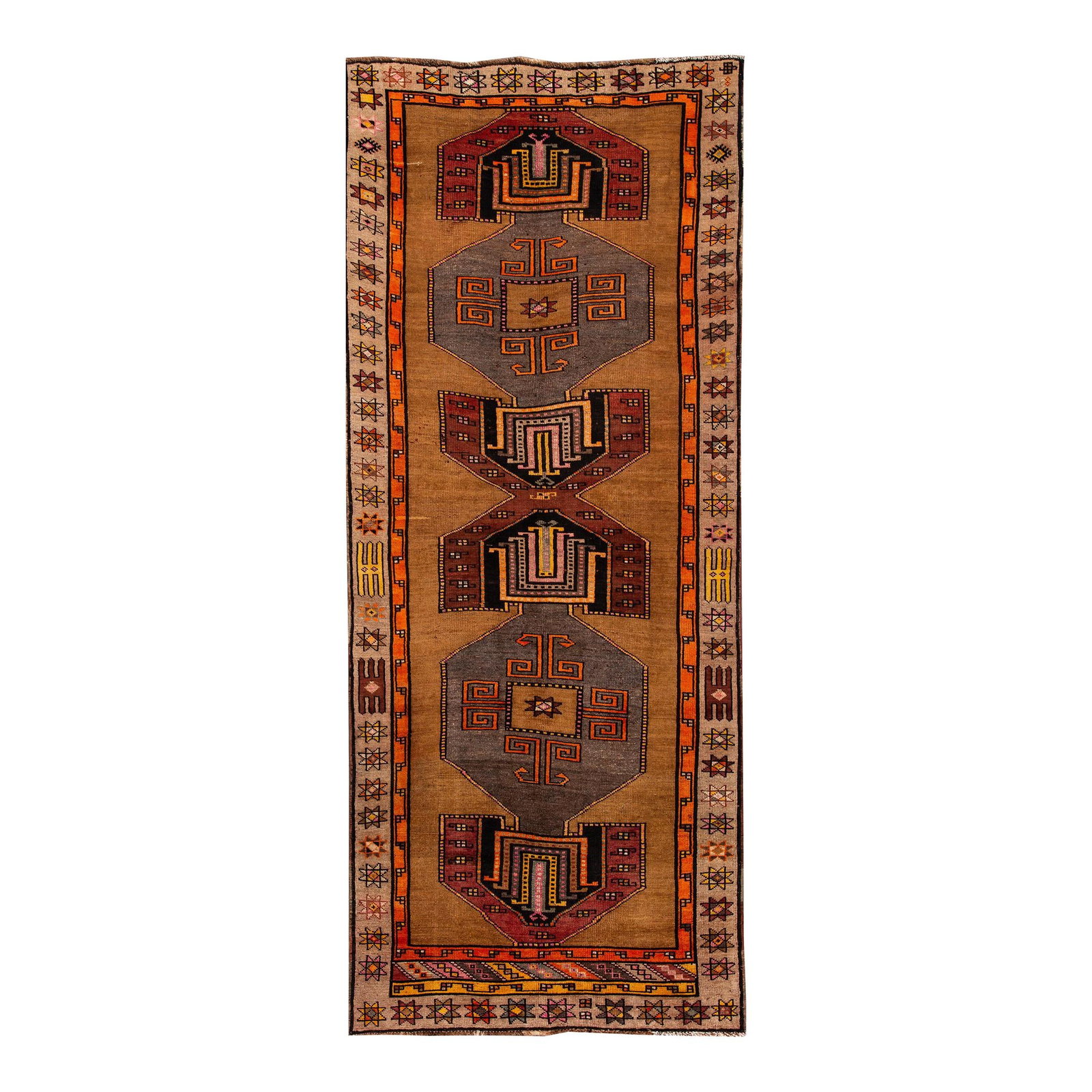 Vintage 1960s Handmade Azeri Wool Runner Tan with Multi-Color Accents (1 of 8)