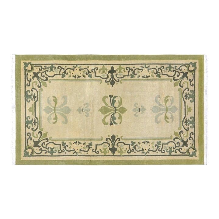 Hand-Knotted Wool Chinese Art Deco Rug Olive 4'x6'9": Hand-Knotted Wool Chinese Art Deco Rug Olive 4'x6'9" This vintage Chinese Art Deco rug is hand-knotted from wool, showcasing traditional craftsmanship with a modern design influence. Its rich olive co
