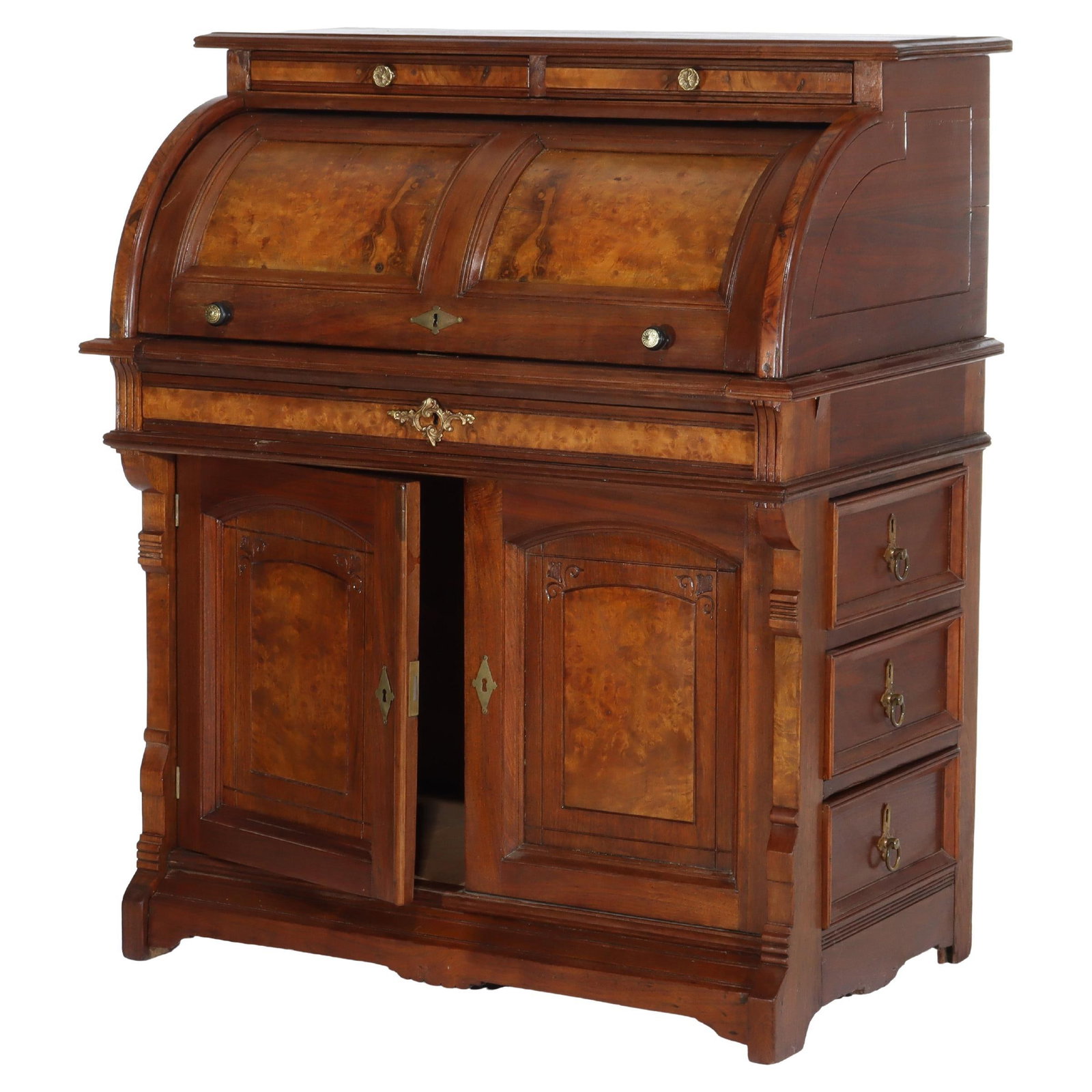 Renaissance Revival Walnut Barrel Roll Top Desk From Circa 1890: Renaissance Revival Walnut Barrel Roll Top Desk From Circa 1890 This antique barrel roll top desk from the Renaissance Revival era, circa 1890, features walnut and burl paneled construction with side 
