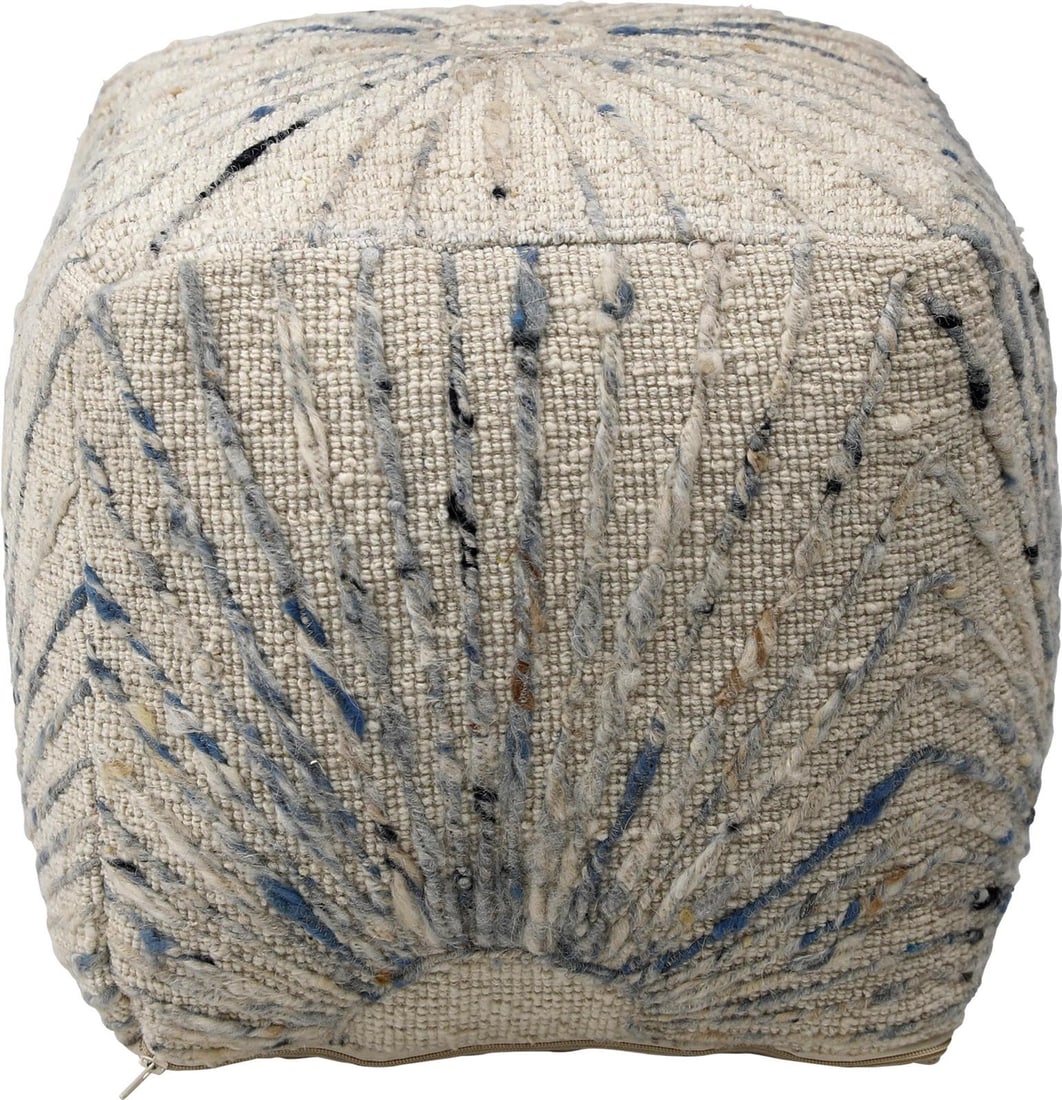 Kathleen Handwoven Wool Pouf Ivory Blue Accents 16x16: Kathleen Handwoven Wool Pouf Ivory Blue Accents 16x16 Add a touch of comfort and style to your space with this Ivory & Blue Handwoven Wool Pouf. Crafted from a luxurious blend of 10% cotton and 90% wo