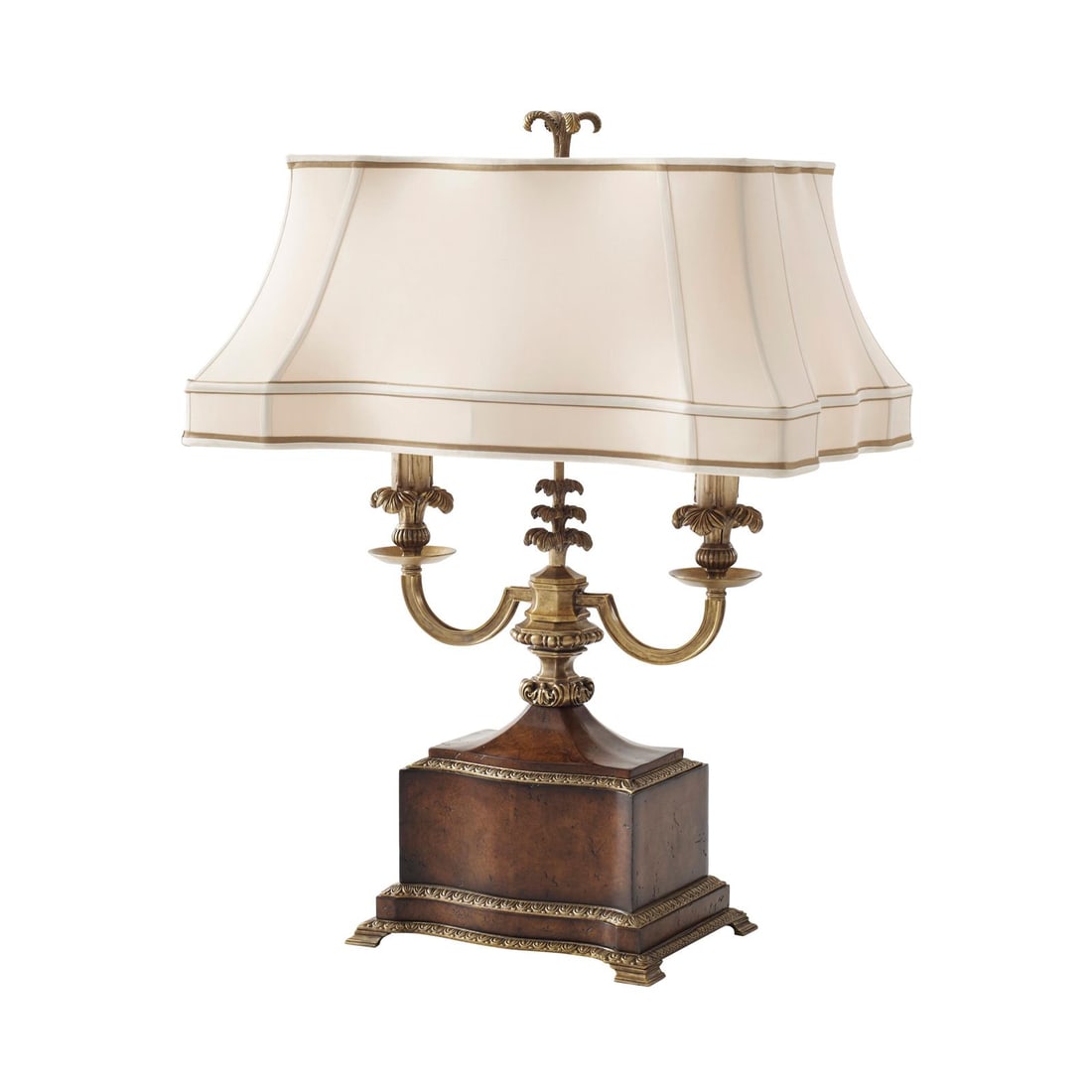 Theodore Alexander Pollard Burl Brass Twin Light Lamp: Theodore Alexander Pollard Burl Brass Twin Light Lamp Illuminate your space with this Elegant Pollard Burl Vintage Style Lamp, designed to evoke a timeless charm. This lamp features a beautifully shap