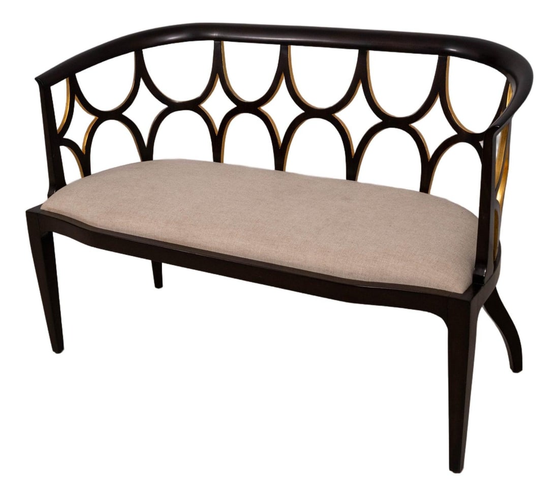 Linen Upholstered Settee with Gold Details by Theodore Alexander: Linen Upholstered Settee with Gold Details by Theodore Alexander This Theodore Alexander settee features a linen weave upholstery and is accented with gold details. The settee is approximately five ye