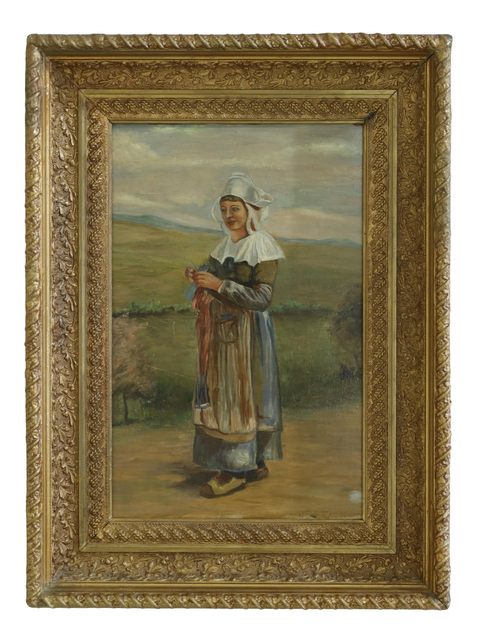 100 Year Old Antique Framed Oil Painting Woman Knitting Gold Frame (1 of 7)