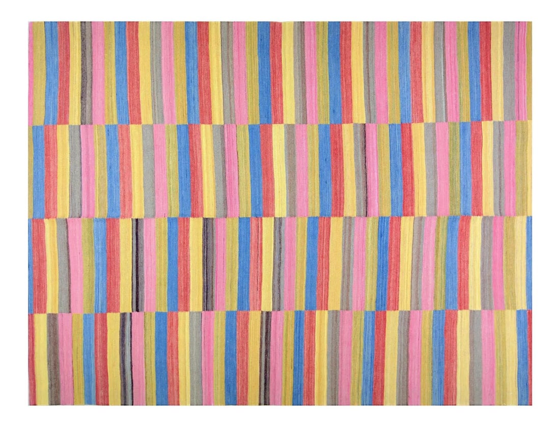Handwoven Wool Maimana Kilim Rug in Afghan Style 6'7" x 8'8": Handwoven Wool Maimana Kilim Rug in Afghan Style 6'7" x 8'8" This vintage Afghan style Maimana kilim is hand woven from wool and features natural colors with a geometric pattern. The rug displays a pi
