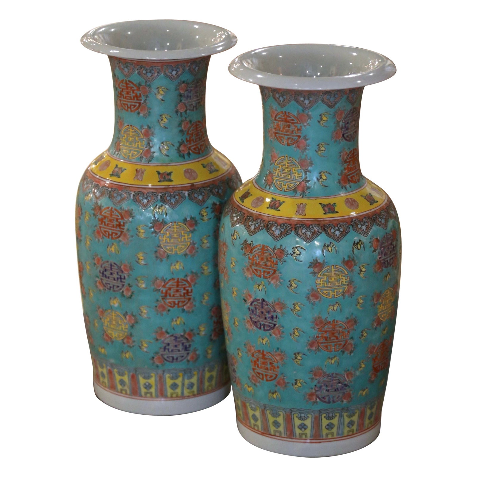 Set of Two Chinese Turquoise Famille Rose Porcelain Vases Hand Painted Mid-Century: Set of Two Chinese Turquoise Famille Rose Porcelain Vases Hand Painted Mid-Century This pair of mid-century Famille Rose vases, crafted in China circa 1950, features hand-painted bat and peach motifs 