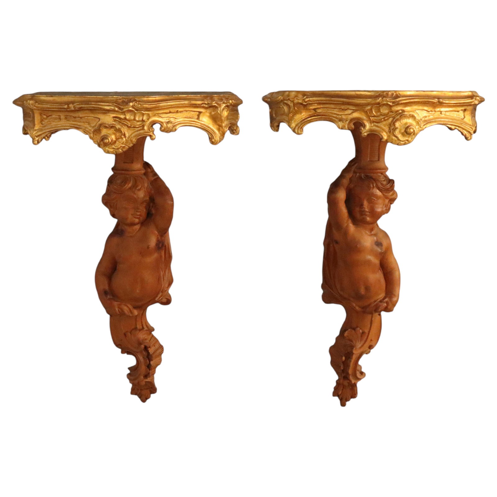 Set of 2 French Louis XIV Style Cherub Wood Wall Sconces (1 of 13)