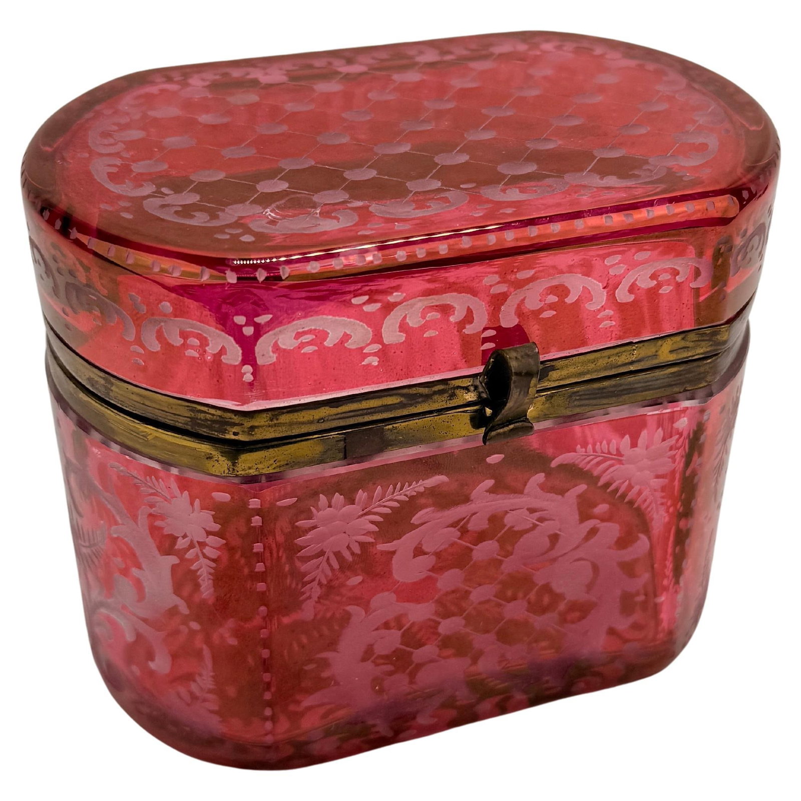 Exquisite Late 19th Century Bohemian Cranberry Gilt Bronze Casket Box: Exquisite Late 19th Century Bohemian Cranberry Gilt Bronze Casket Box This exquisite Late 19th Century Bohemian Cranberry Overlay & Gilt Bronze Hinged Casket Box embodies the elegance of Art Nouveau d
