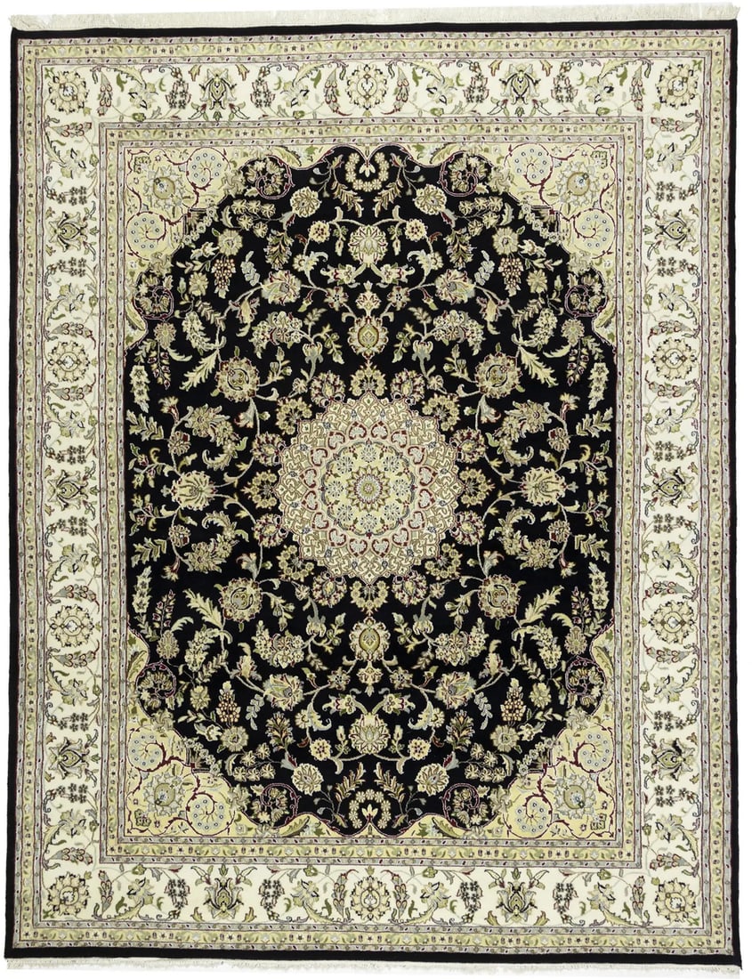 Wool and Silk Indo-Nain Floral Area Rug 7'11 x 10'2 Hand-Knotted India: Wool and Silk Indo-Nain Floral Area Rug 7'11 x 10'2 Hand-Knotted India This handmade Indo-Nain area rug features a classic floral pattern in a harmonious palette of black, cream, medium brown, beige, 