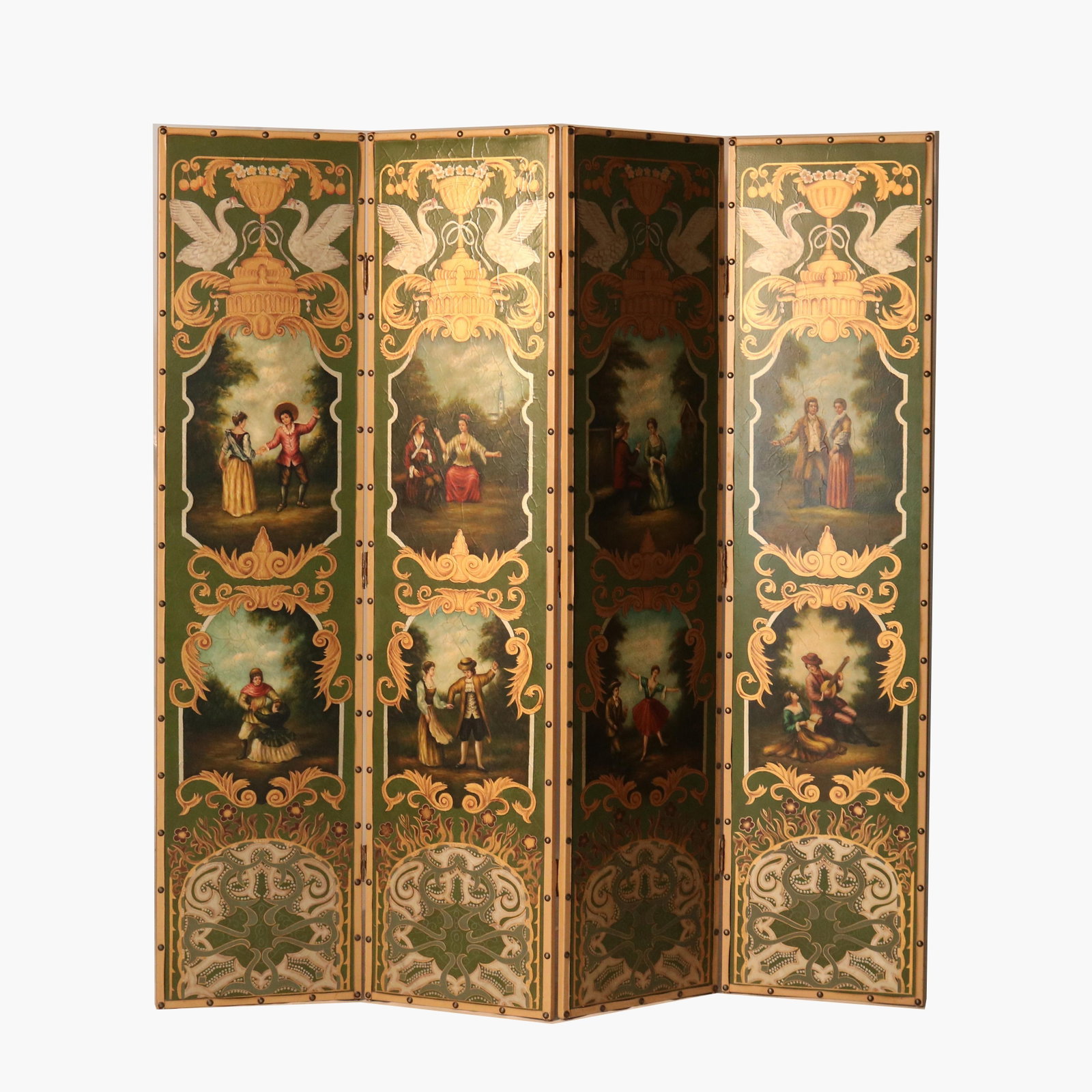 Vintage 1940 Four-Paneled Screen with Hand-Painted Scenes: Vintage 1940 Four-Paneled Screen with Hand-Painted Scenes This stunning oversized vintage four-paneled screen, dating back to circa 1940, features exquisite hand-painted scenes on each panel. The artw