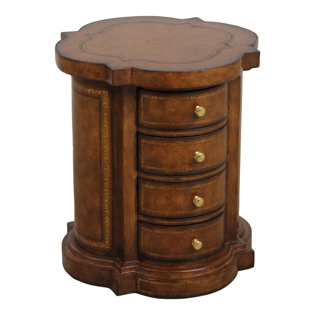 Brown Leather 4 Drawer Occasional Lamp Table: Brown Leather 4 Drawer Occasional Lamp Table This occasional table features a shapely top and is adorned with quality tooled leather surfaces. The piece has four drawers and is finished in a brown col