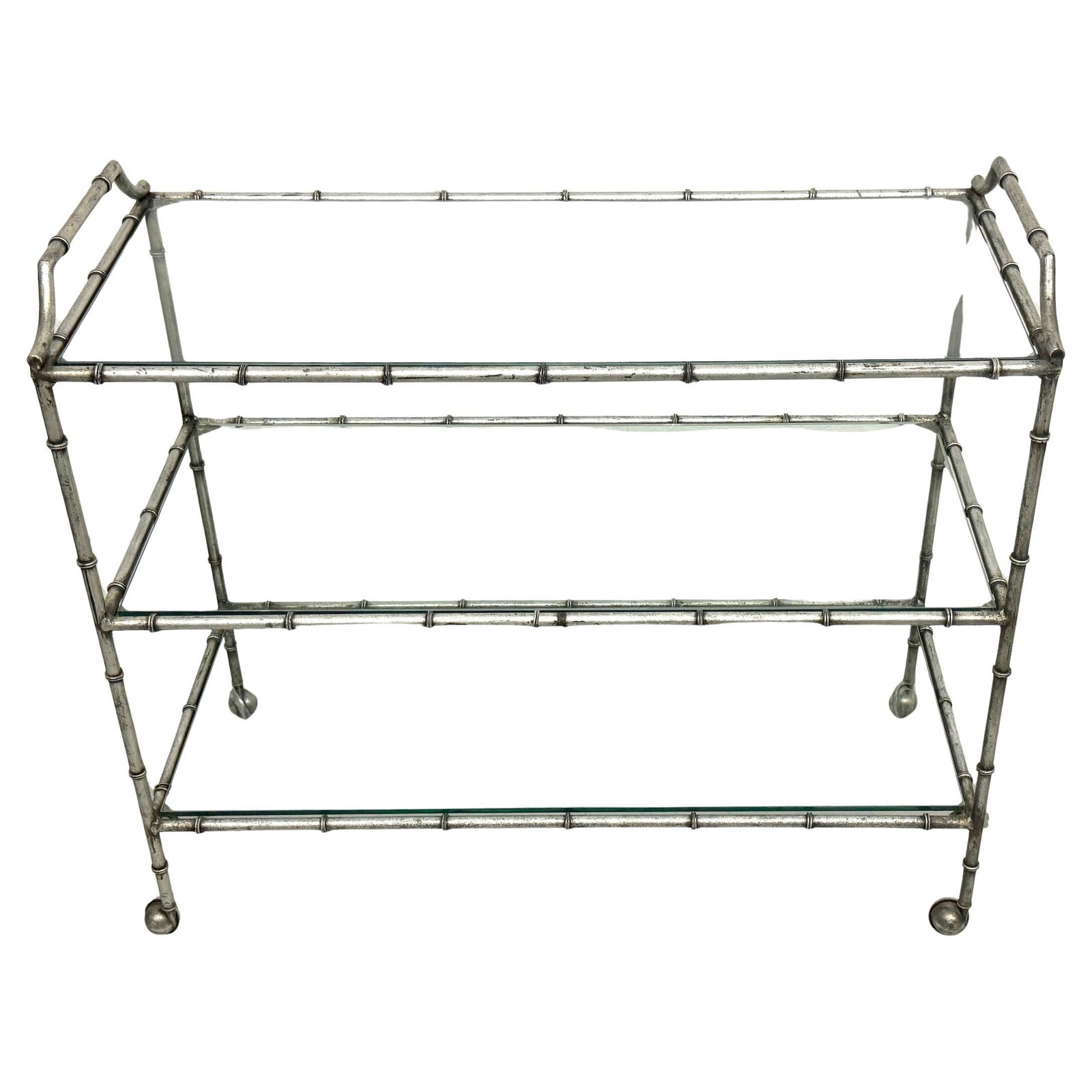 Vintage Maison Jansen 3-Tier Silver-Leaf Bar Cart Italy 1960s: Vintage Maison Jansen 3-Tier Silver-Leaf Bar Cart Italy 1960s Experience elegance with this oversized 3-Tiered Faux Bois Silver-Leaf Trolley/Bar Cart, reminiscent of Maison Jansen's iconic designs. Cr