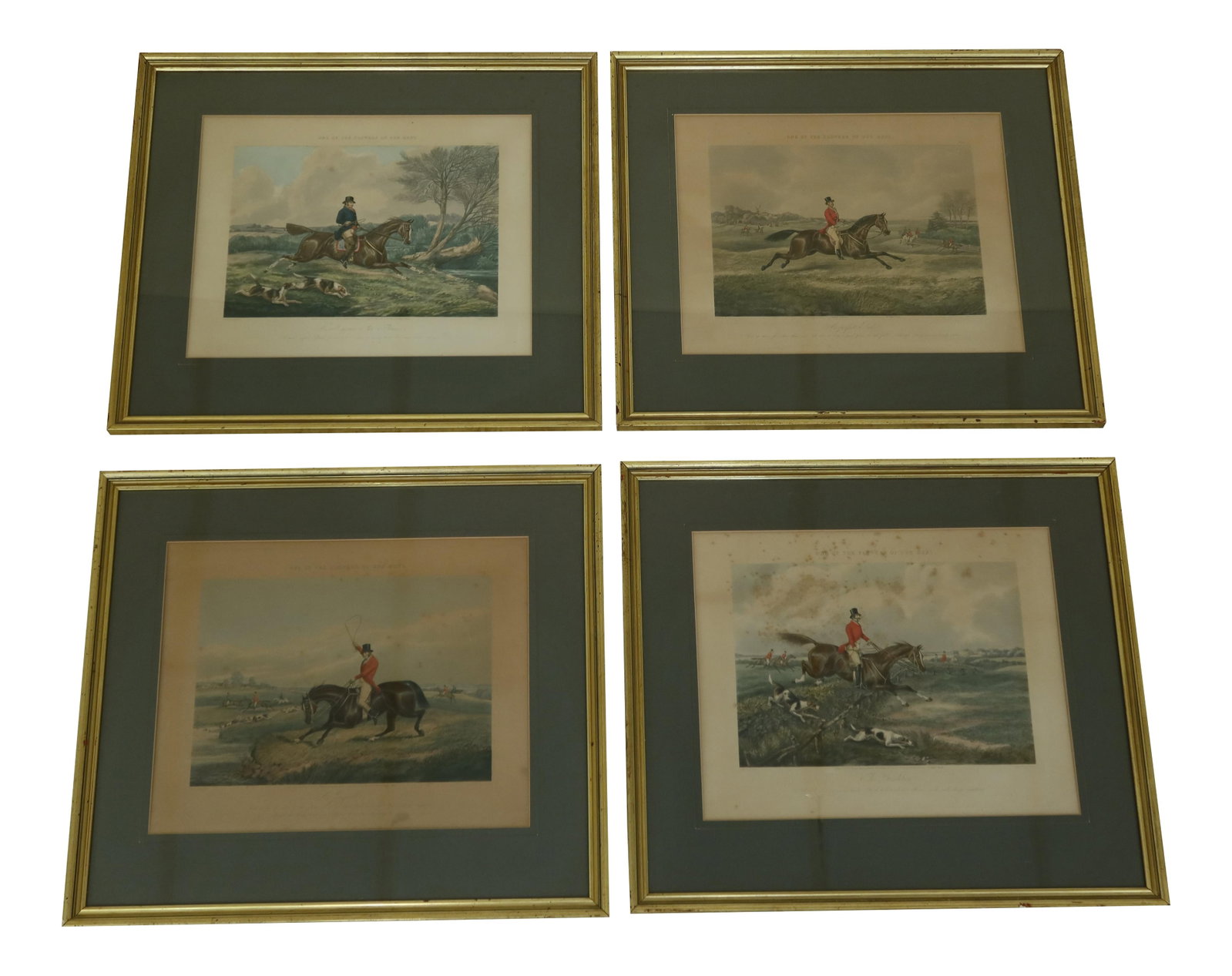 Set of 4 R. Ackerman Vintage Hunt Scene Engravings Gold Leaf Framed: Set of 4 R. Ackerman Vintage Hunt Scene Engravings Gold Leaf Framed This exquisite set of four vintage colored engravings by R. Ackerman features intricate hunt scenes, capturing the essence of Englis