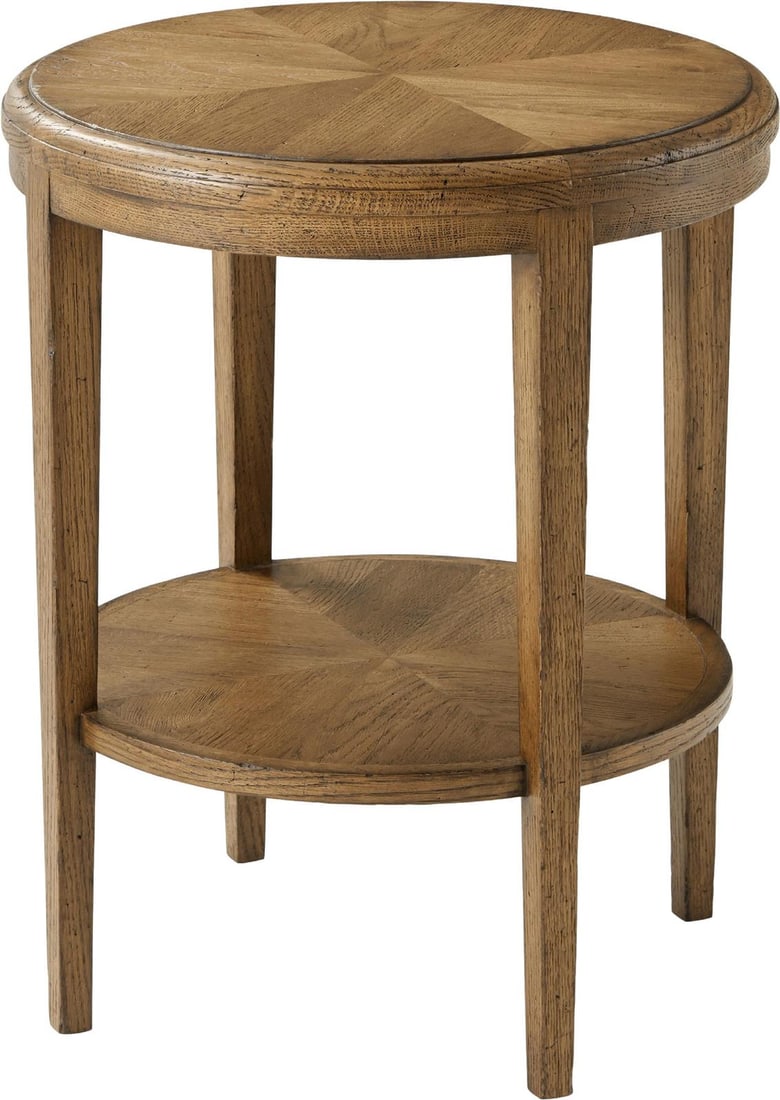 Theodore Alexander Nova Circular Two-Tier Side Table Oak Parquetry: Theodore Alexander Nova Circular Two-Tier Side Table Oak Parquetry Introducing the Stylish Nova Table, a sophisticated addition to any space. This circular, two-tier side table features a stunning oak