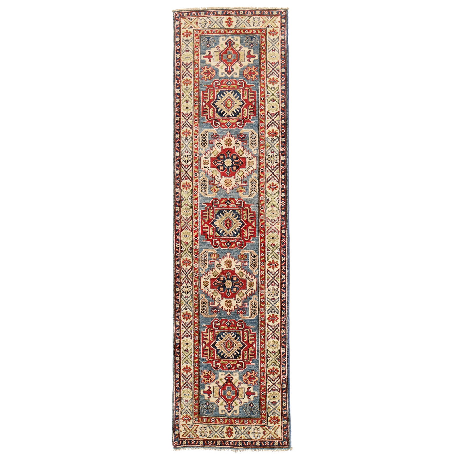 Handmade Blue Kazak Rug 2.7 x 9.7 Natural Wool Vintage Design: Handmade Blue Kazak Rug 2.7 x 9.7 Natural Wool Vintage Design Free continental US Shipping Introducing a stunning 2.7 x 9.7 Blue Kazak Rug, a beautiful testament to traditional craftsmanship. Handcraf