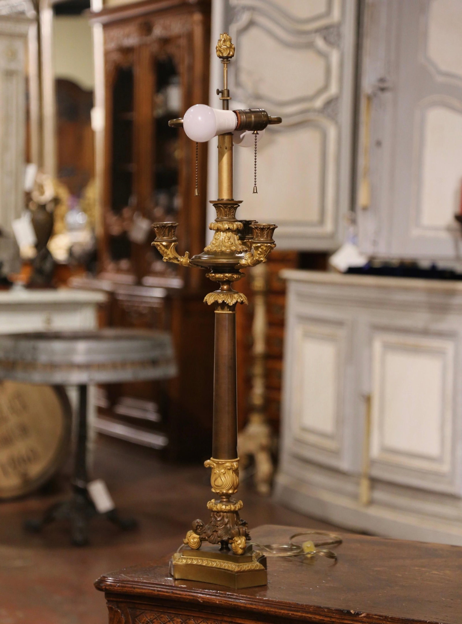 19th Century French Empire Two-Light Bronze Dore Candelabra Lamp - 2